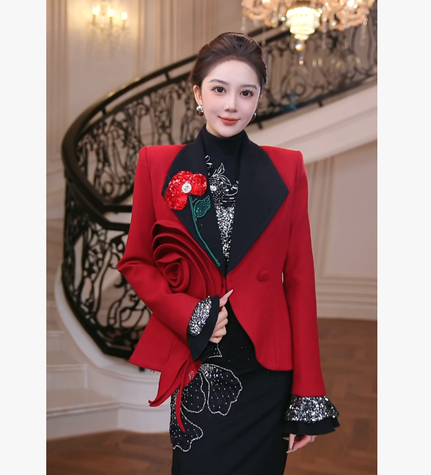 【芙娜妮】秋冬2025中长款小个子西装领蝴蝶长袖外套女装FG2531225A