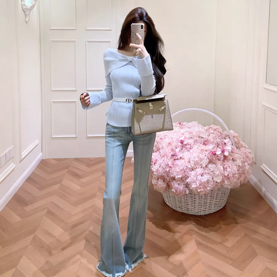 韩系甜美小清新一字肩针蝴蝶结绝美毛衣牛仔裤气质高级微两件套