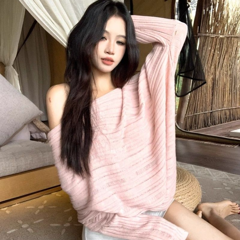 一字肩粉色长袖针织衫女慵懒宽松防晒罩衫设计感气质上衣时尚百搭