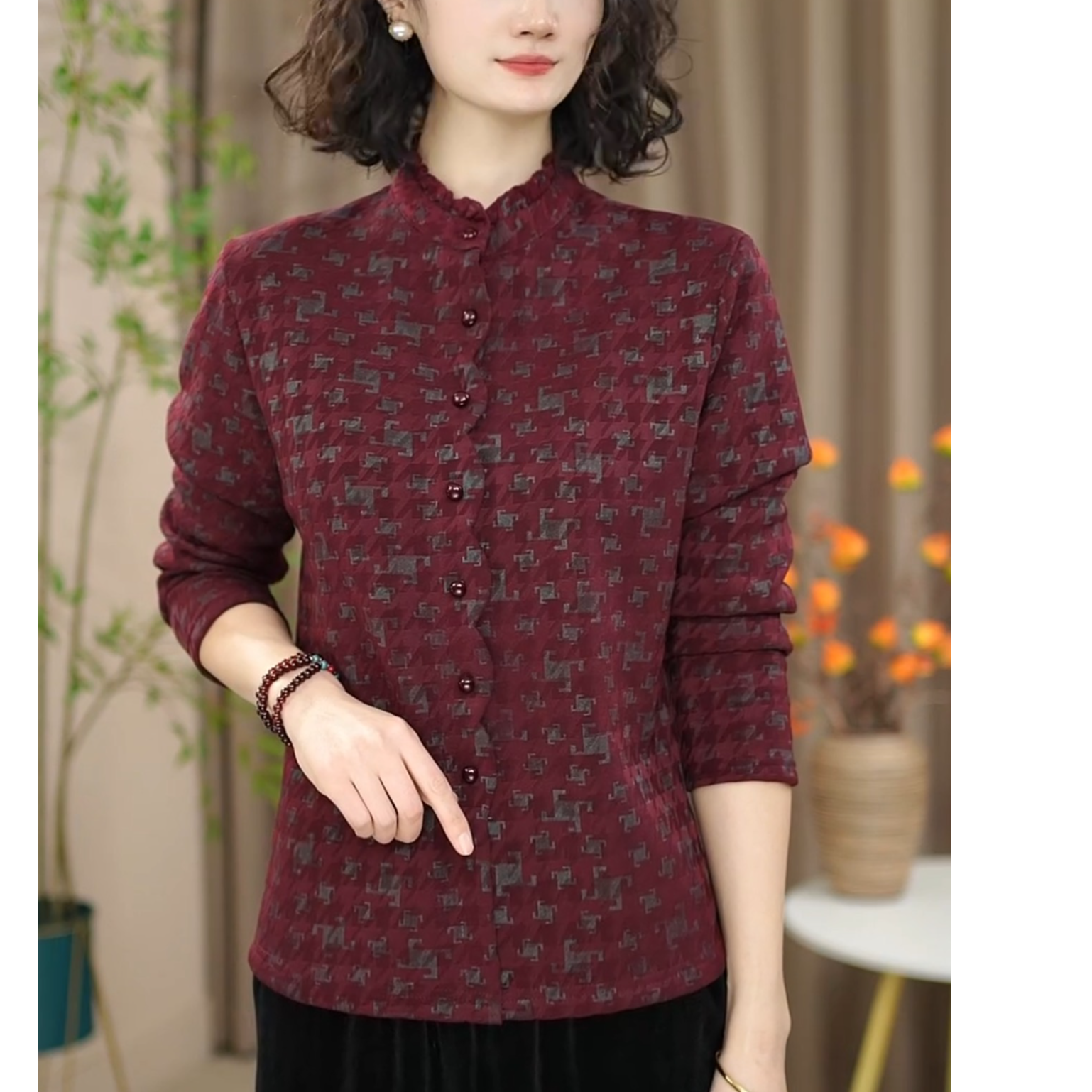 冬日暖阳新品时尚洋气百搭木耳边一体绒长袖加绒显瘦提花上衣衬衫