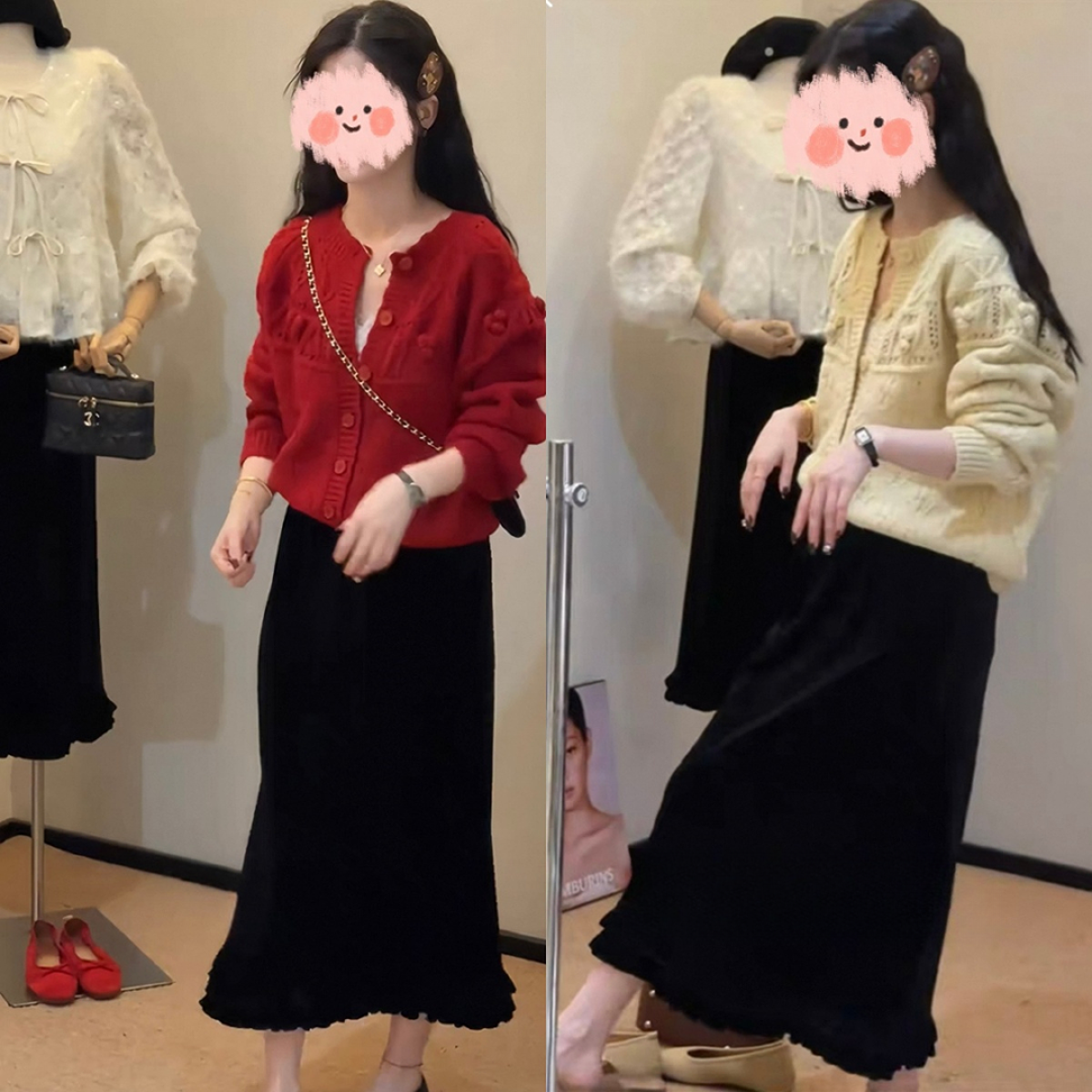 2025秋冬新款重工球球镂空圆领开衫毛衣轻奢丝绒木耳边直筒半身裙