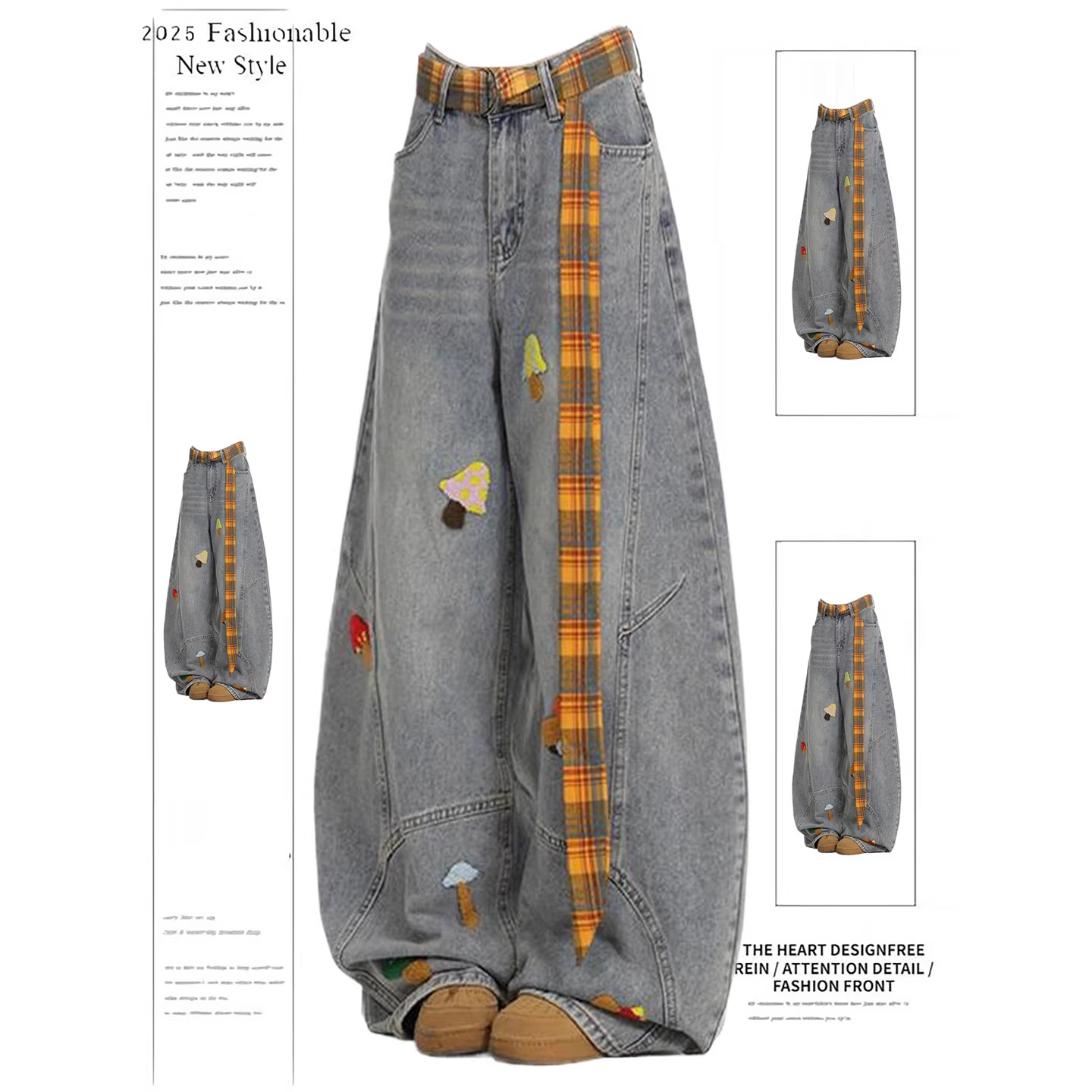 美式趣味卡通毛巾绣弯刀牛仔裤女秋冬新款宽松直筒阔腿拖地长裤子