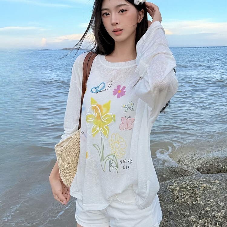 美式白色长袖t恤女时尚夏季慵懒防晒罩衫宽松薄款透气上衣ins休闲