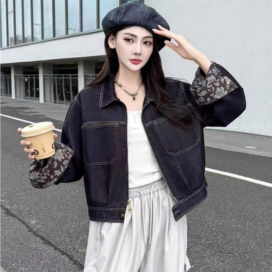 8906衣长53宽松显瘦撞色格子压线牛仔短款外套秋季小个子夹克上衣