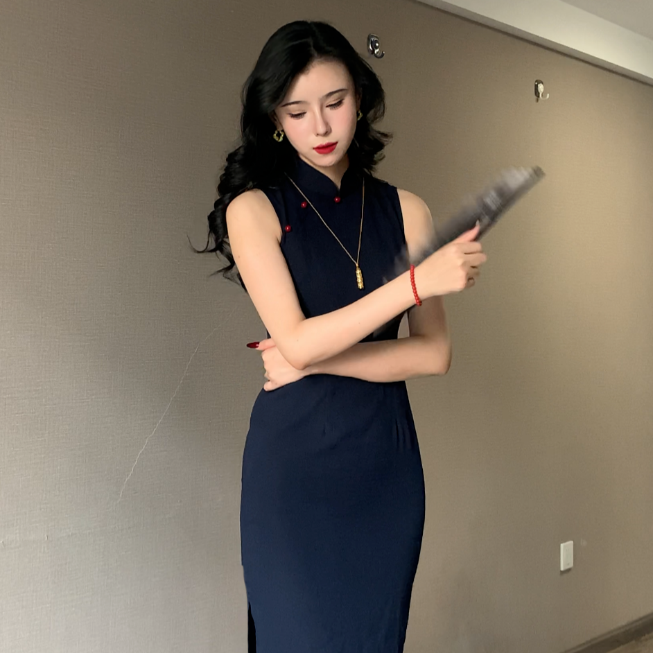 【幽蓝梦境】绫曦2025春夏新款旗袍日常无袖气质时尚夏季蓝色修身