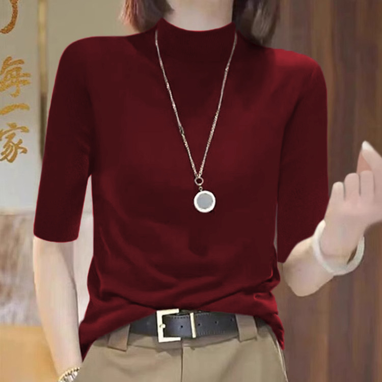 秋季轻熟风半高领五分袖针织衫女2025新款中袖百搭气质打底上衣