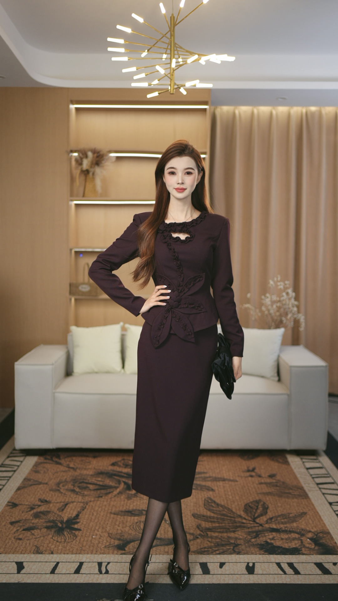 罗曼定制 高定原创深紫色镂空气质长袖收腰秋季上衣+包臀裙套装女