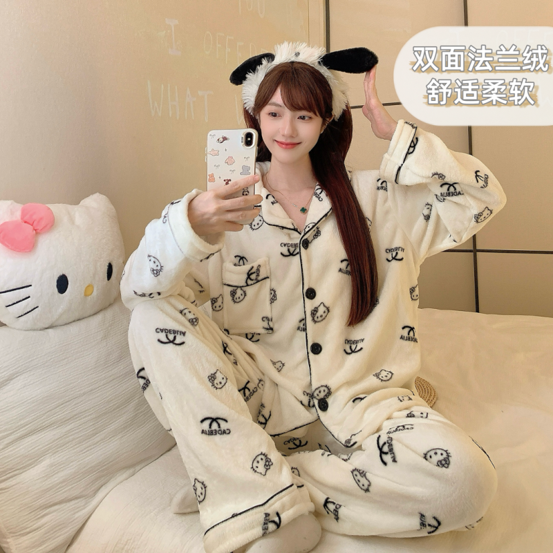 法兰绒睡衣女秋冬季新款甜美保暖加绒加厚长袖长裤少女家居服套装