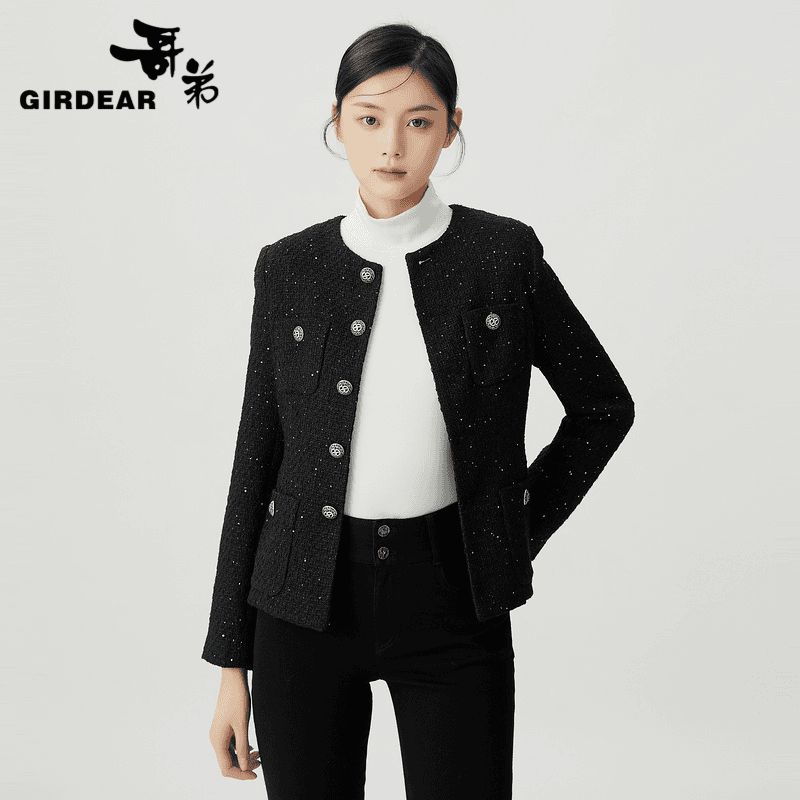 哥弟新款优雅气质百搭圆领修身单排扣质感黑色小香风外套1400722