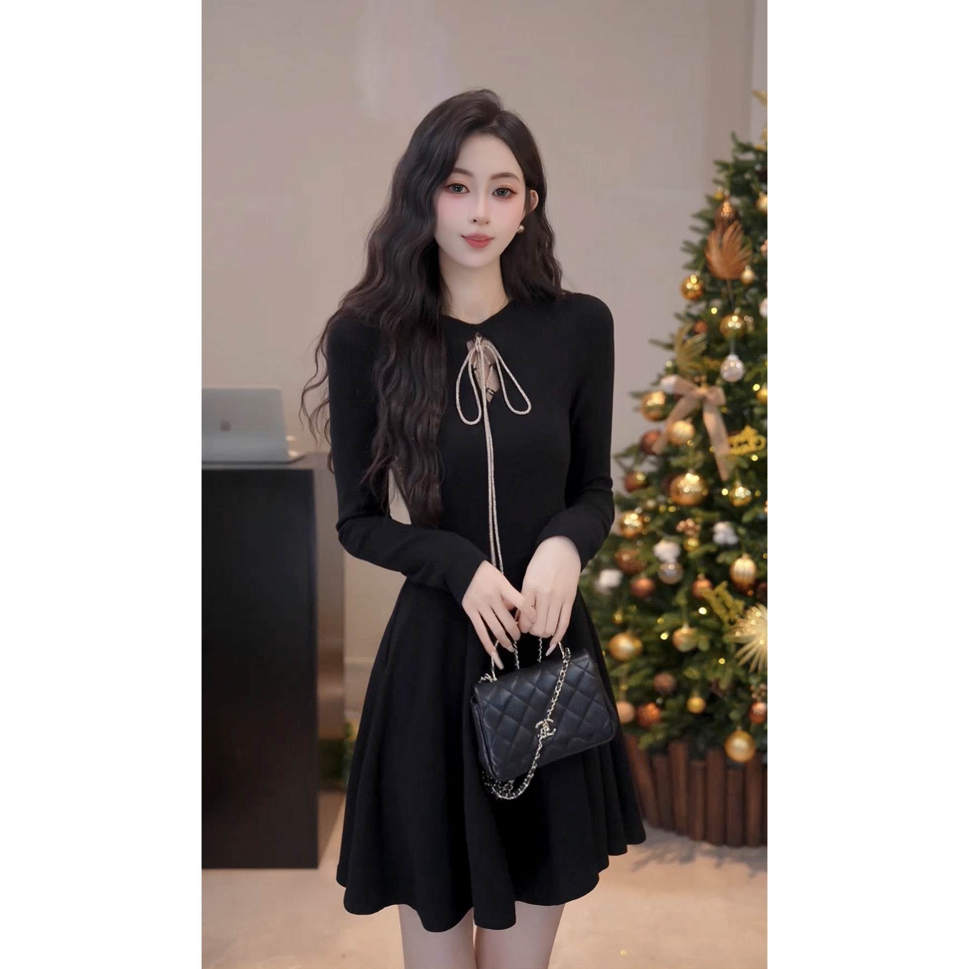 【晴空忘雨】法式千金感蝴蝶结系带A字裙连衣裙女