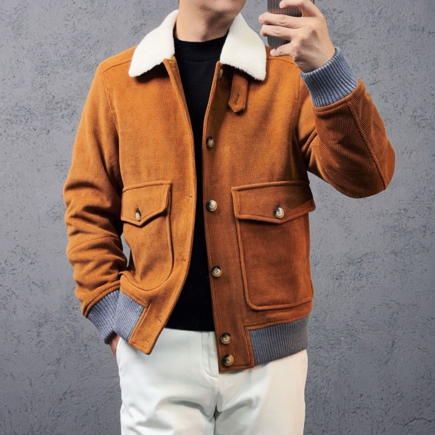 【TJX-JK8013】老钱风翻领水洗夹克修身轻奢秋季男士