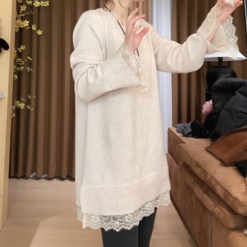 极简百搭下摆蕾丝拼接螺纹圆领毛针织上衣LK2508276