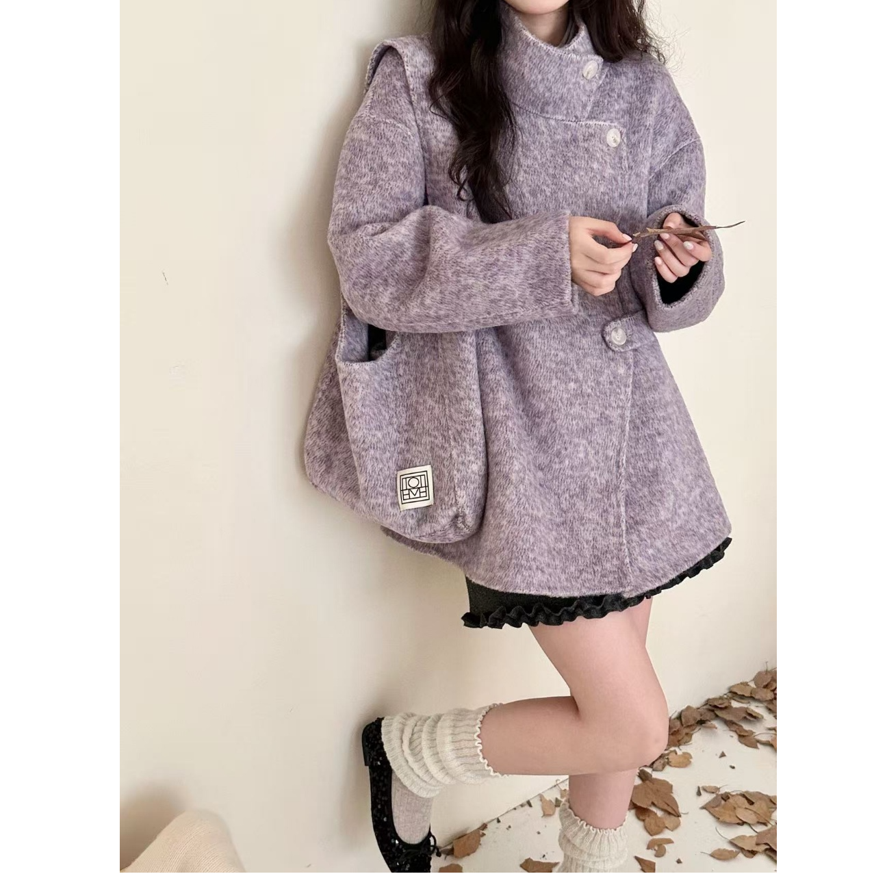 小个子短款鱼鳞纹新款羊毛大衣韩系立领包包宽松显瘦气质毛呢外套