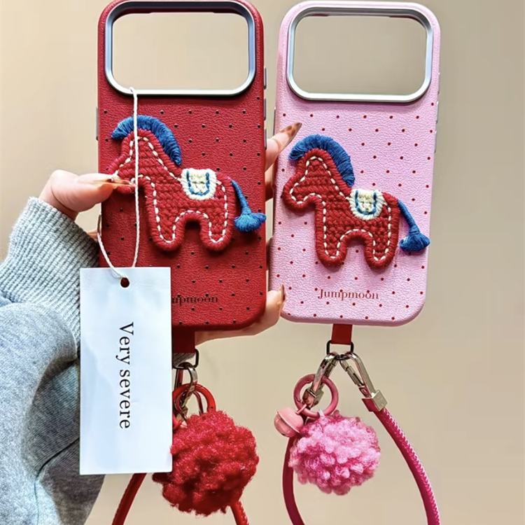 新年红波点立体刺绣小马手拎绳适用iPhone17promax手机壳苹果16女