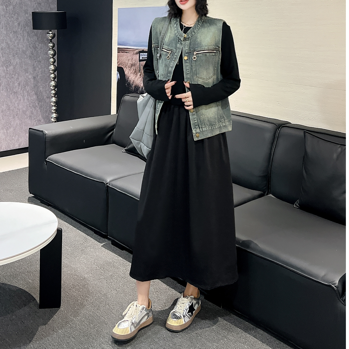 6115胖mm秋季新款牛仔马甲长袖圆领连衣裙遮肉显瘦两件套