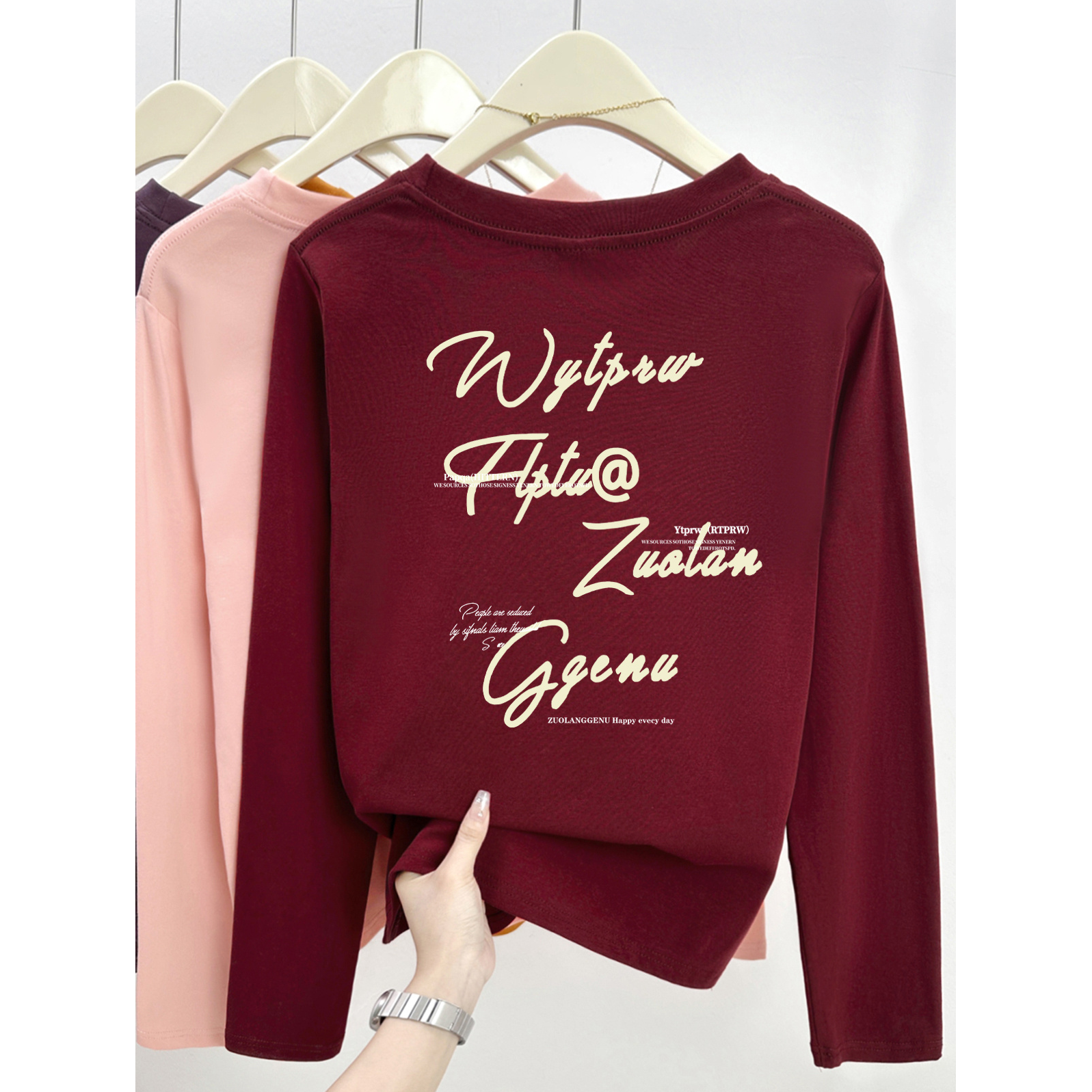 秋冬季新款抓绒正肩印花长袖t恤女大码胖mm时尚洋气打底圆领上衣