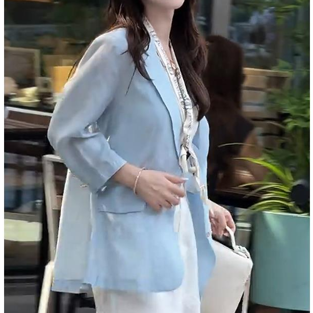 新款天丝外套女夏小个子气质高级感浅蓝色醋酸亚麻西装女夏季薄款