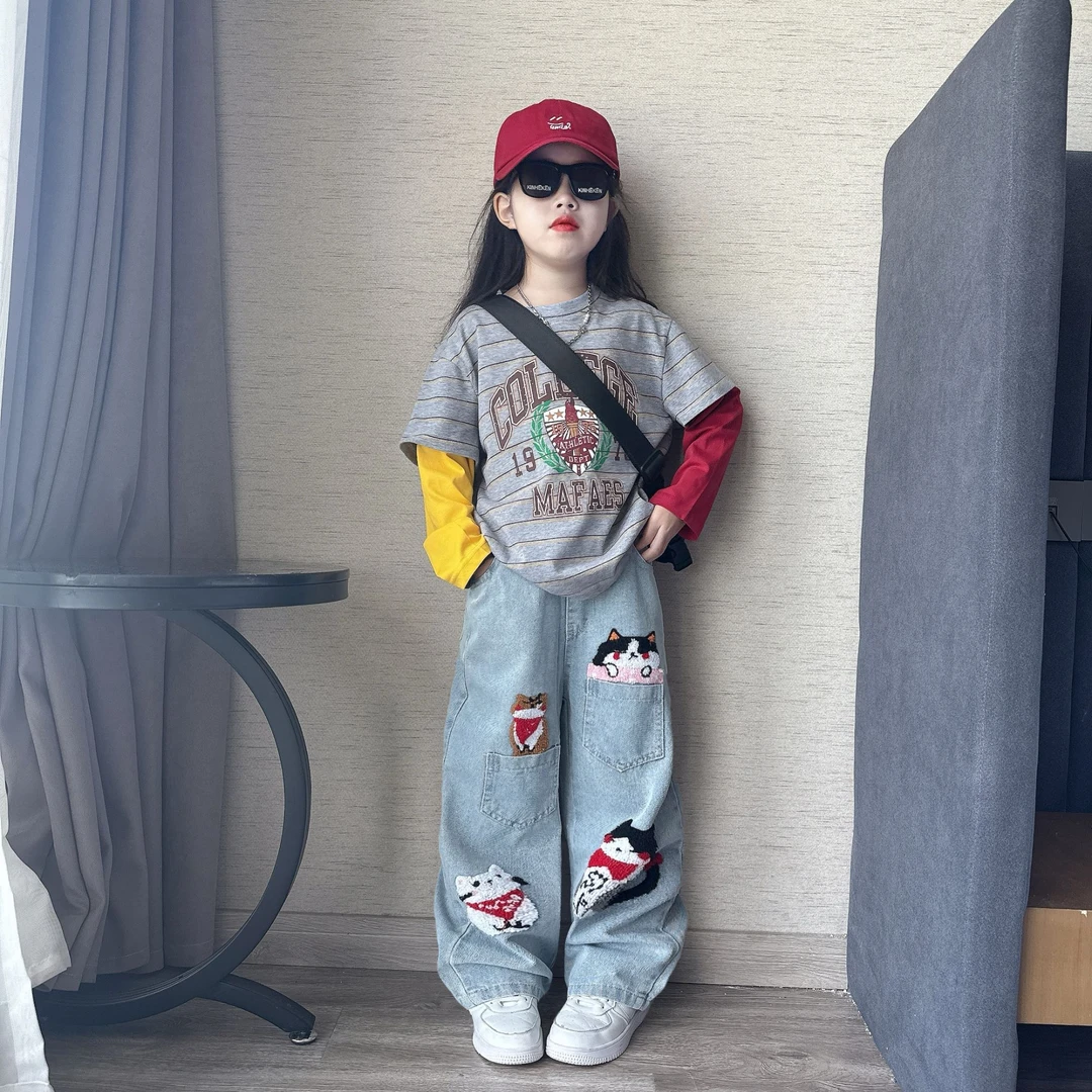 女童秋季时尚毛巾绣阔腿裤工装牛仔裤中大童时髦拼色卫衣打底衫潮