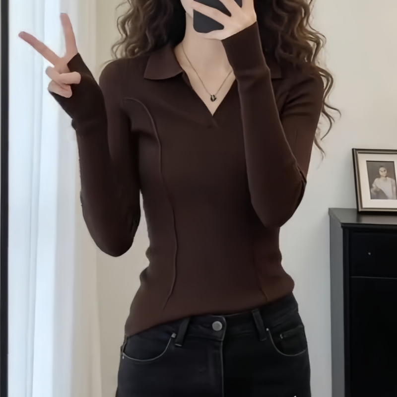 冬季韩系V领弹力时尚设计感长袖大码气质百搭内搭慵懒针织打底衫