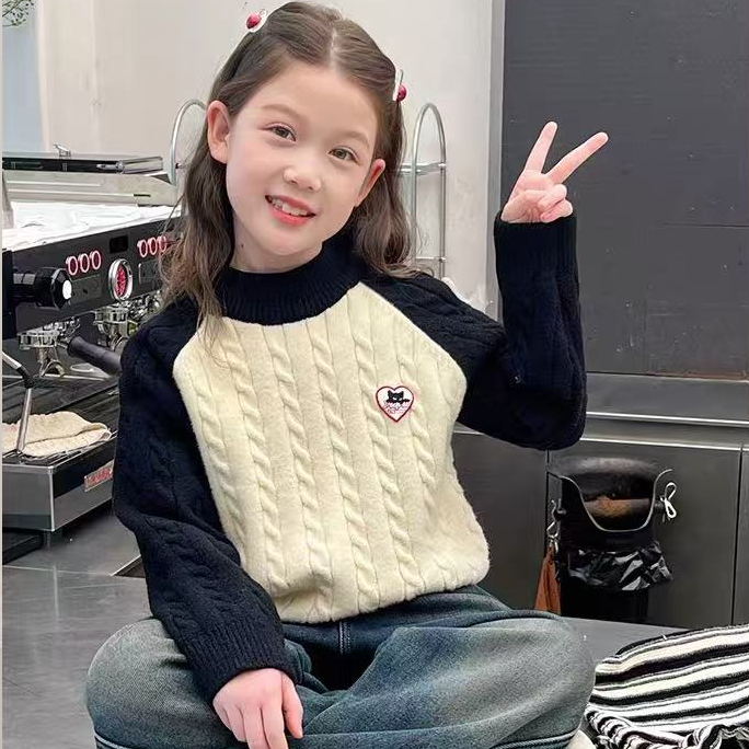 【女童不起球】复古插肩袖毛衣2025冬装新款儿童洋气针织衫大童潮搭
