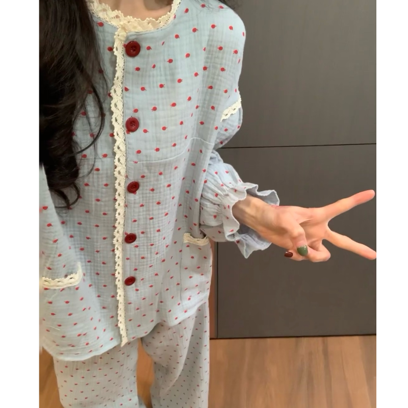 韩版复古设计感波点印花棉纱睡衣女春秋款2025新款纯棉家居服套装