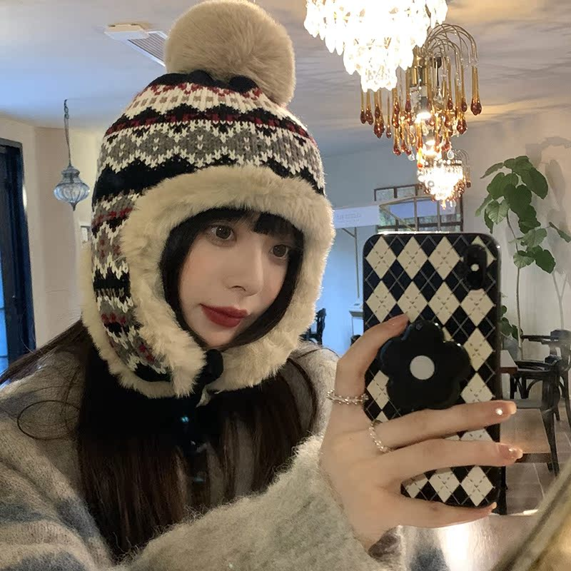 冬季加厚加绒保暖雷锋帽子女针织提花图案护耳帽东北防寒百搭休闲