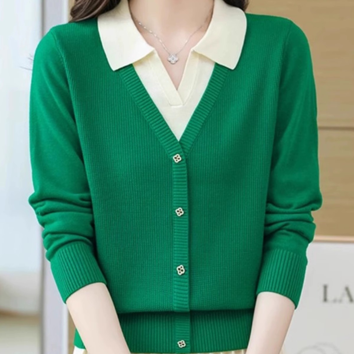 春秋款女装长袖打底衣时尚洋气毛衣宽松显瘦翻领假两件针织衫上衣