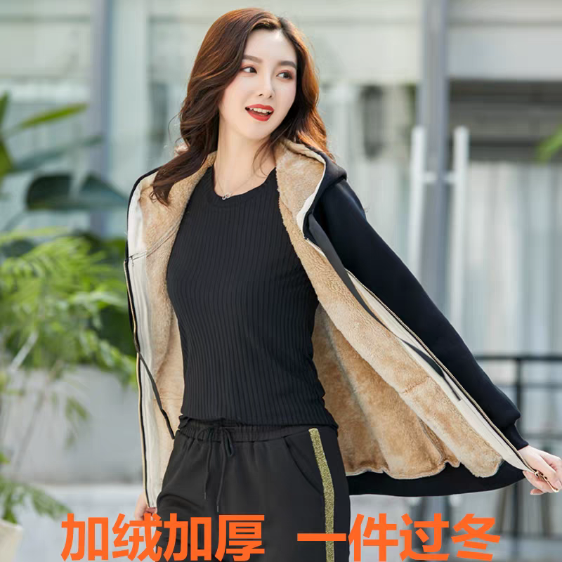 女士连帽羊羔绒卫衣纯色薄款拉链女装长袖纯欲风卫衣秋季秋冬大码