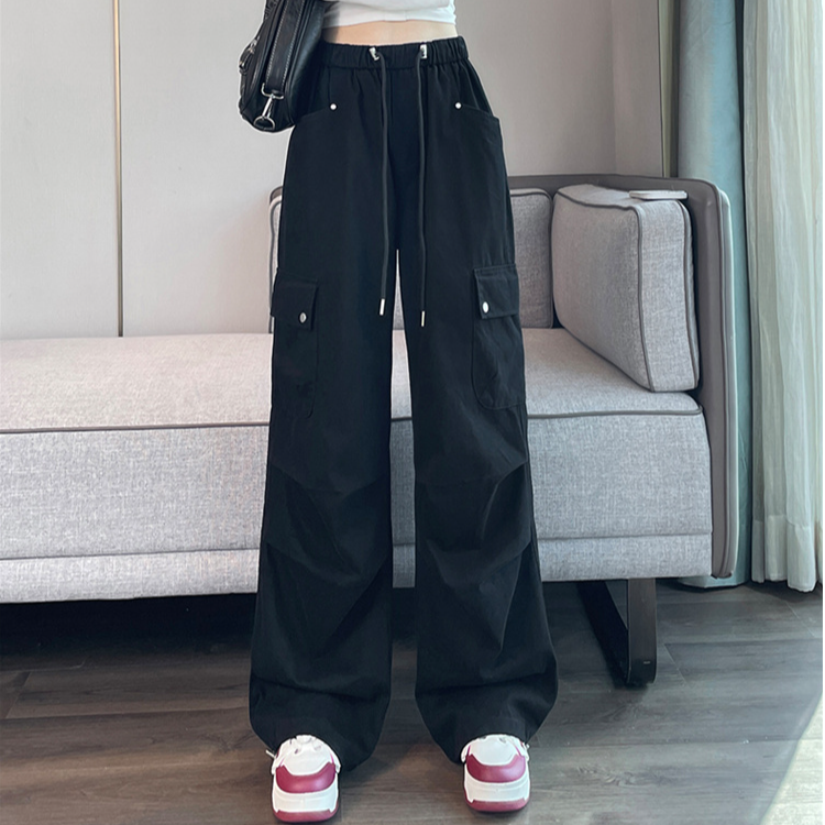 黑色美式伞兵工装裤女秋2025新款高腰显瘦宽松显瘦百搭高街阔腿裤