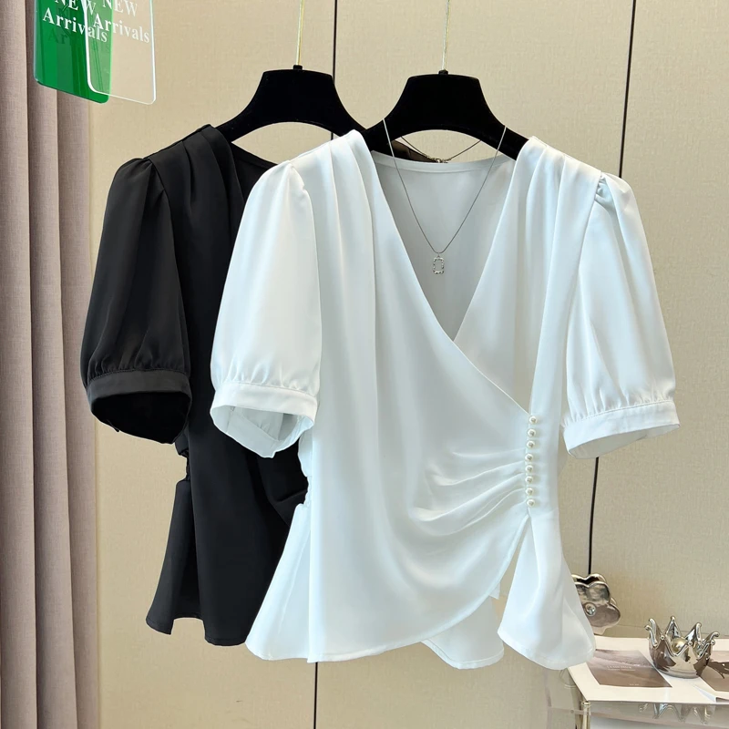 大码洋气V领提花短袖衬衫女夏季微胖MM时尚百搭遮肉遮肚显瘦上衣