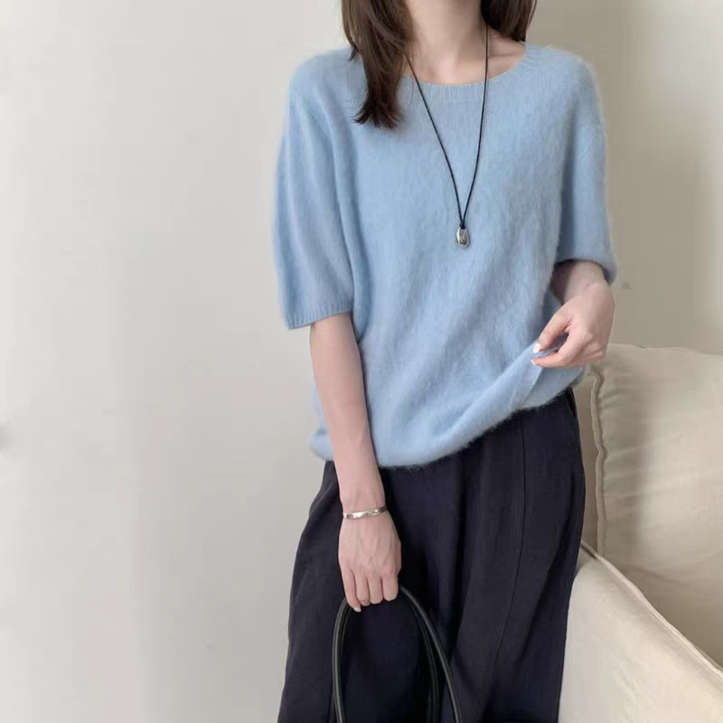 女针织羊毛拉绒圆领常规纯色宽松型衫宽松中袖气质薄款-676