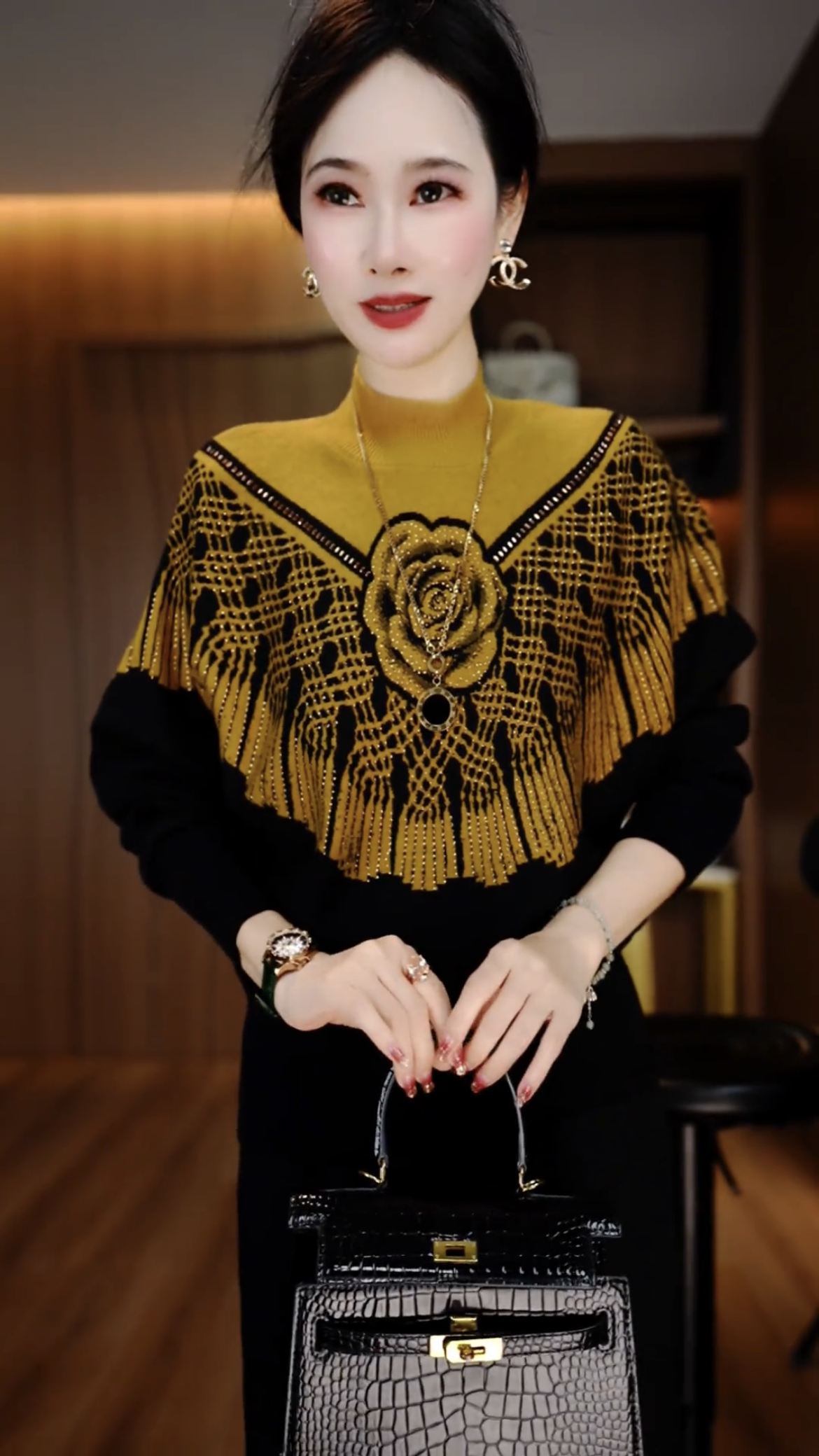 秋冬新款时尚气质提花烫钻女士针织衫洋气显瘦保暖毛衣打底衫上衣