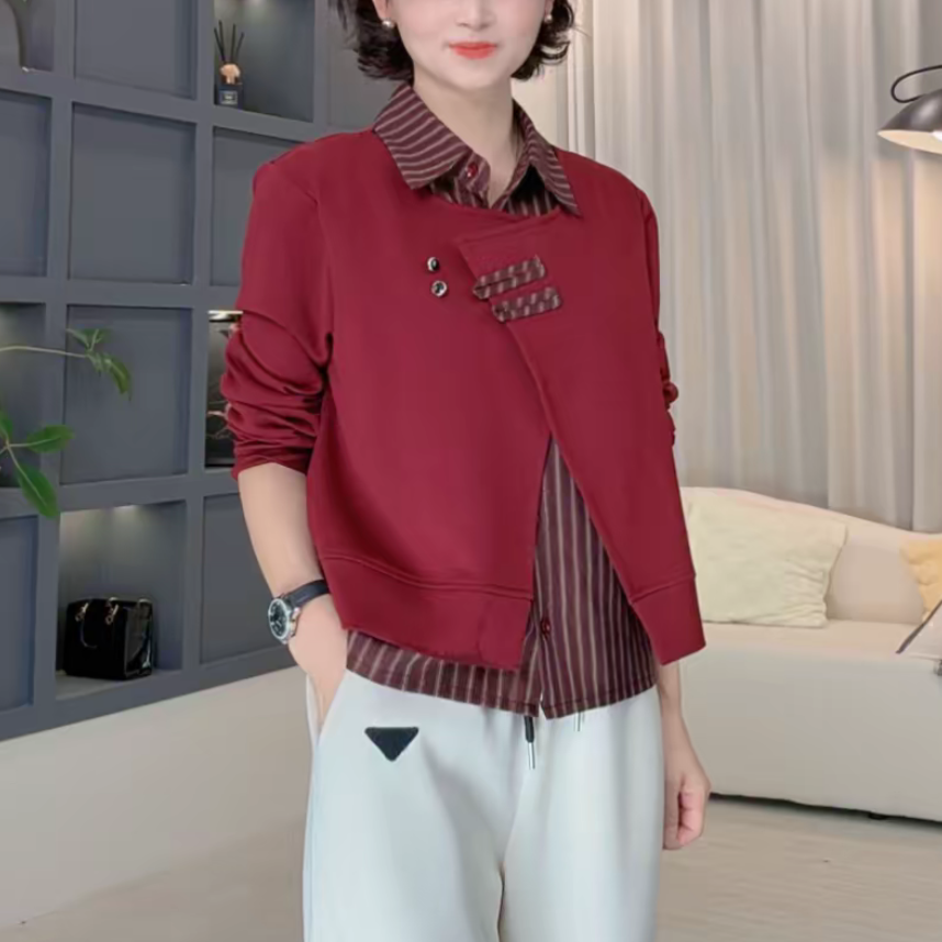 秋季新款时尚洋气长袖卫衣显瘦减龄休闲拼接格子假两件衬衫领上衣