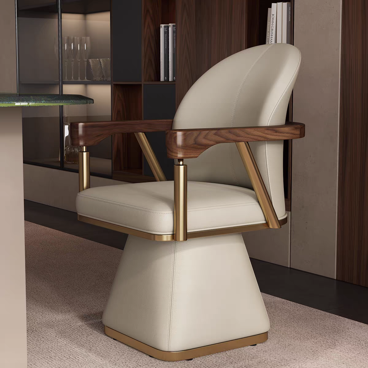 轻奢茶室主人位真皮转椅设计师多功能360度转椅书椅茶台主人椅子