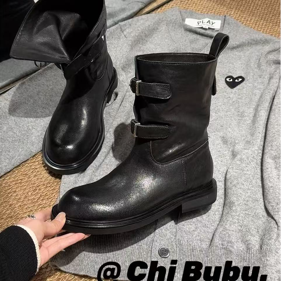 CHIBUBU【现货】重工水洗马皮时尚黑色厚底双扣短靴中筒