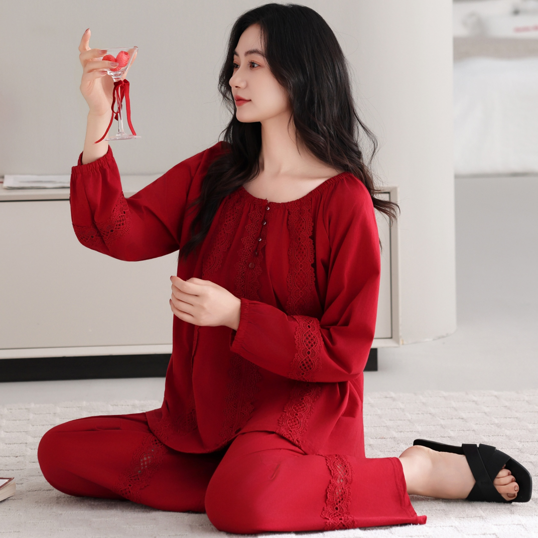 睡衣女款爆款2025新款套装纯棉春秋女士大码红色酒红本命年家居服