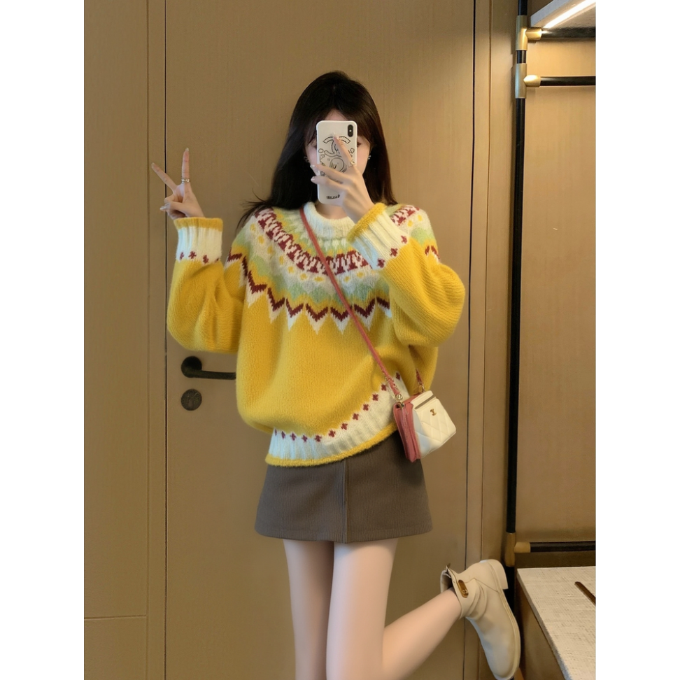 韩系黄色提花短款针织上衣女2026新款秋冬季bf松弛感宽松毛衣小衫