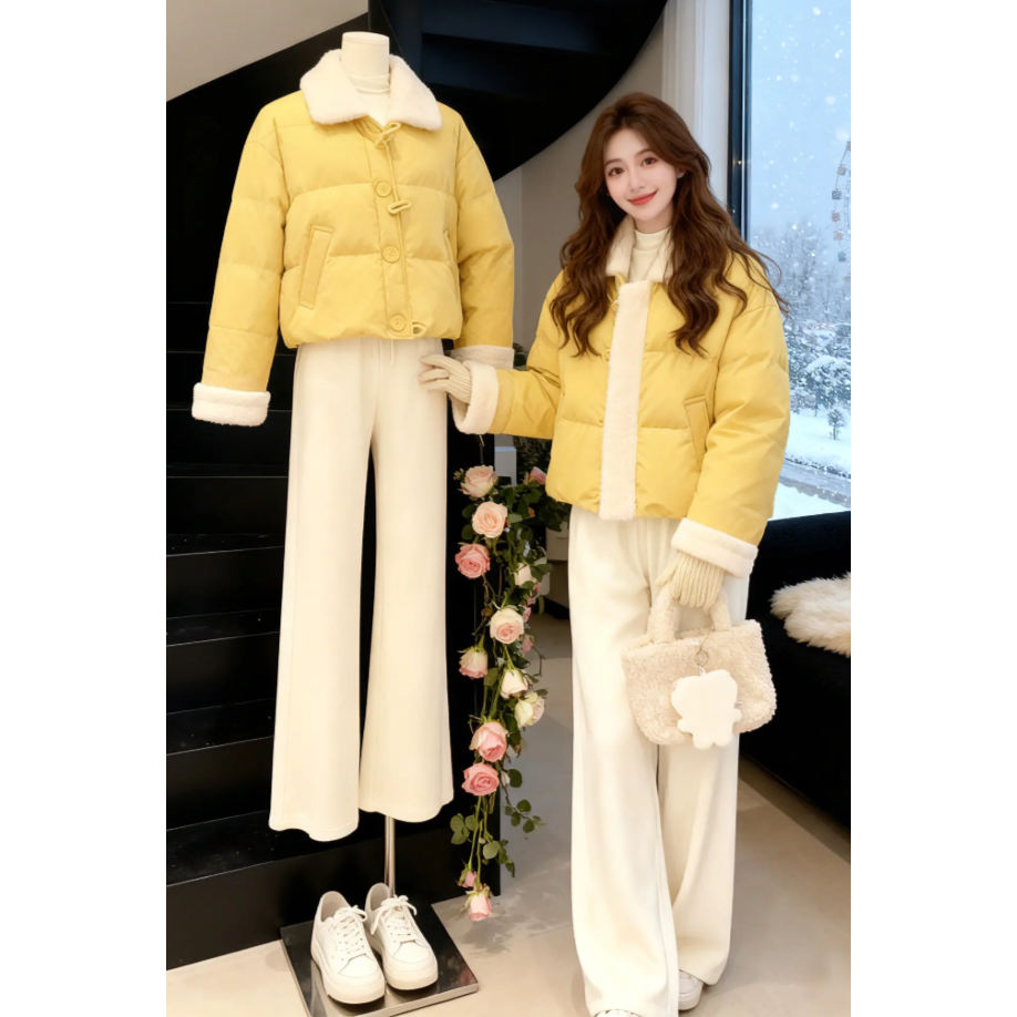 2025冬季翻领长袖棉服高腰纯色休闲裤两件套女时尚减龄百搭衣服