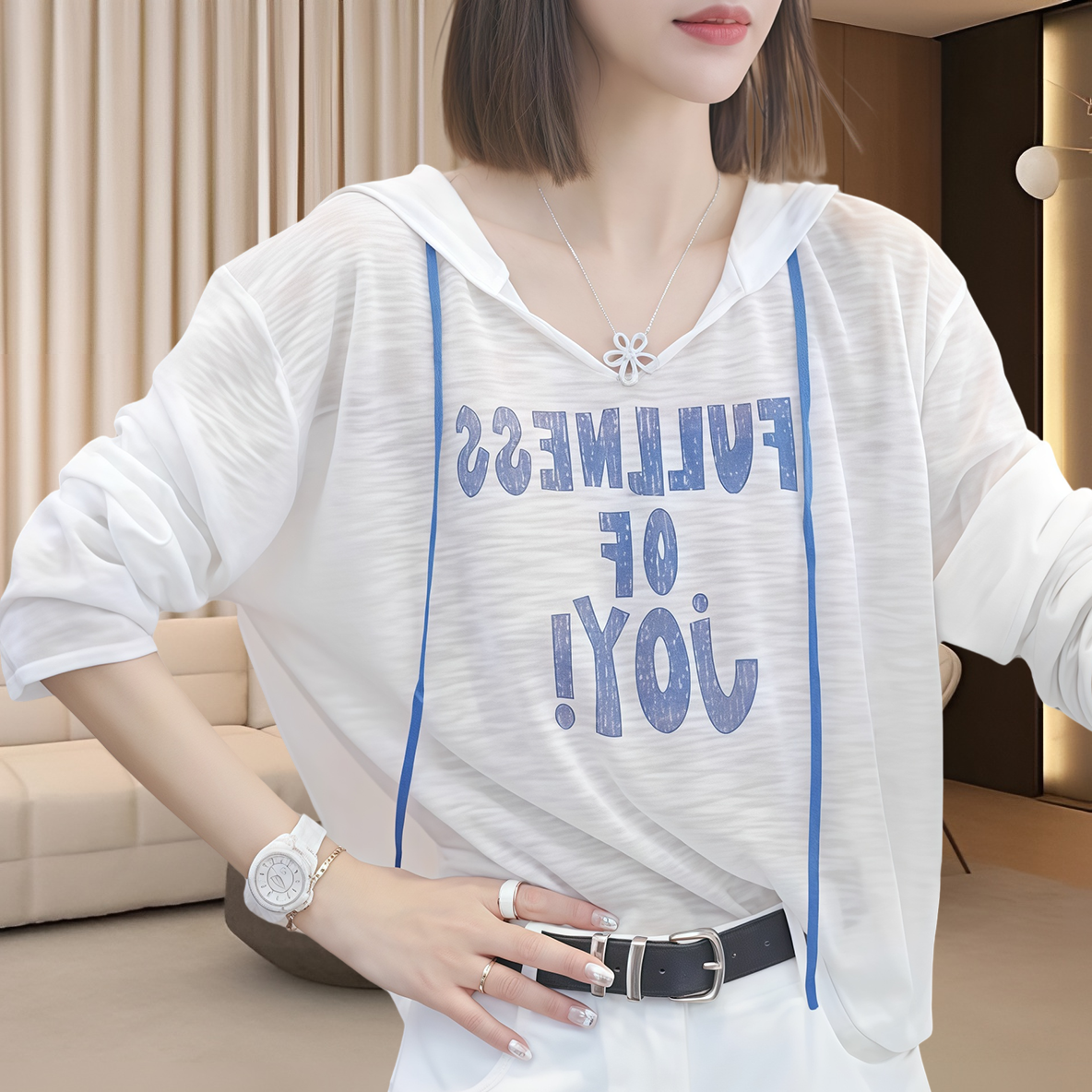 2025年新款连帽冰丝防晒罩衫女夏季长袖t恤韩系休闲宽松防晒罩衫