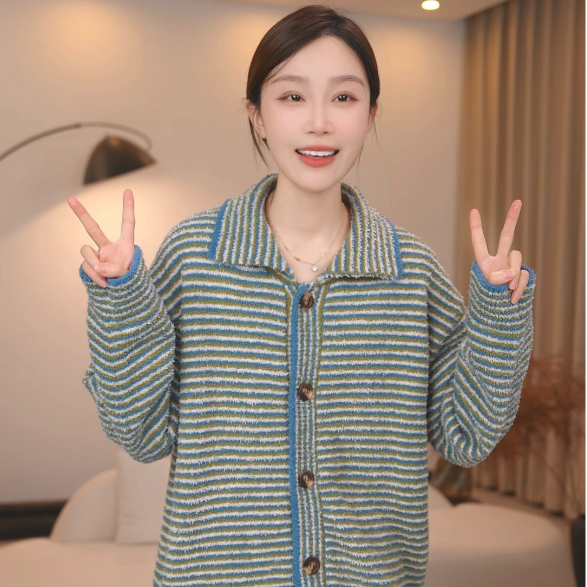 板栗小姐【暖惜条纹】2025冬季长袖甜美风软绵绵睡衣女套装可外穿