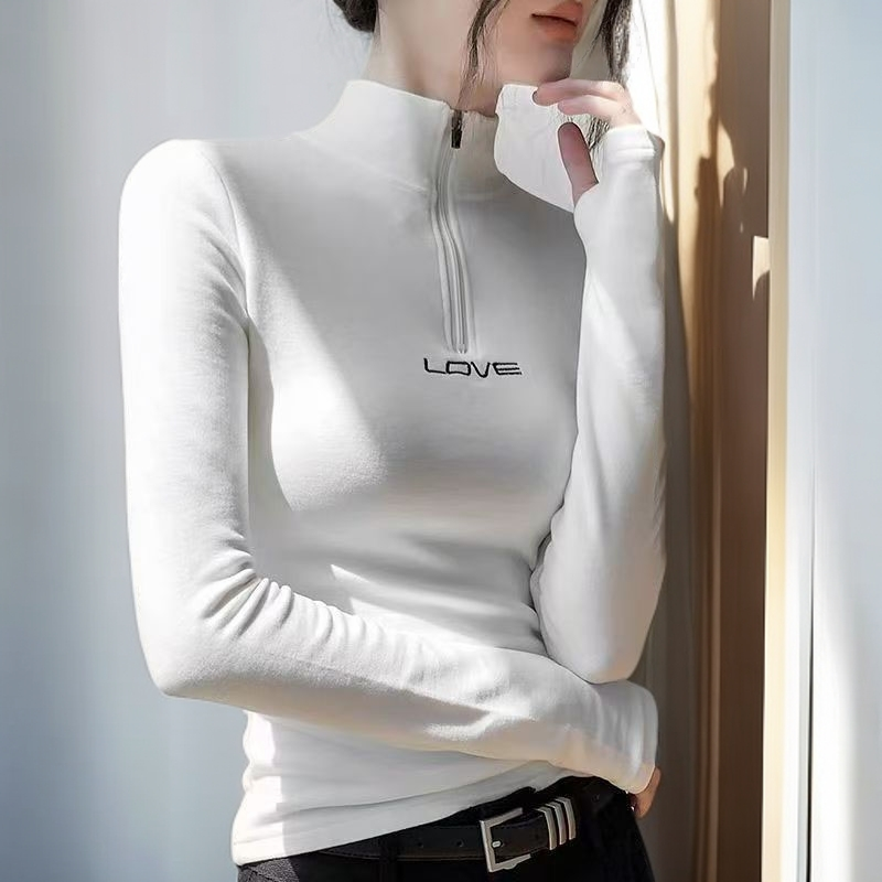 半拉链高领双面德绒长袖T恤女秋冬新款修身显瘦内搭保暖打底上衣