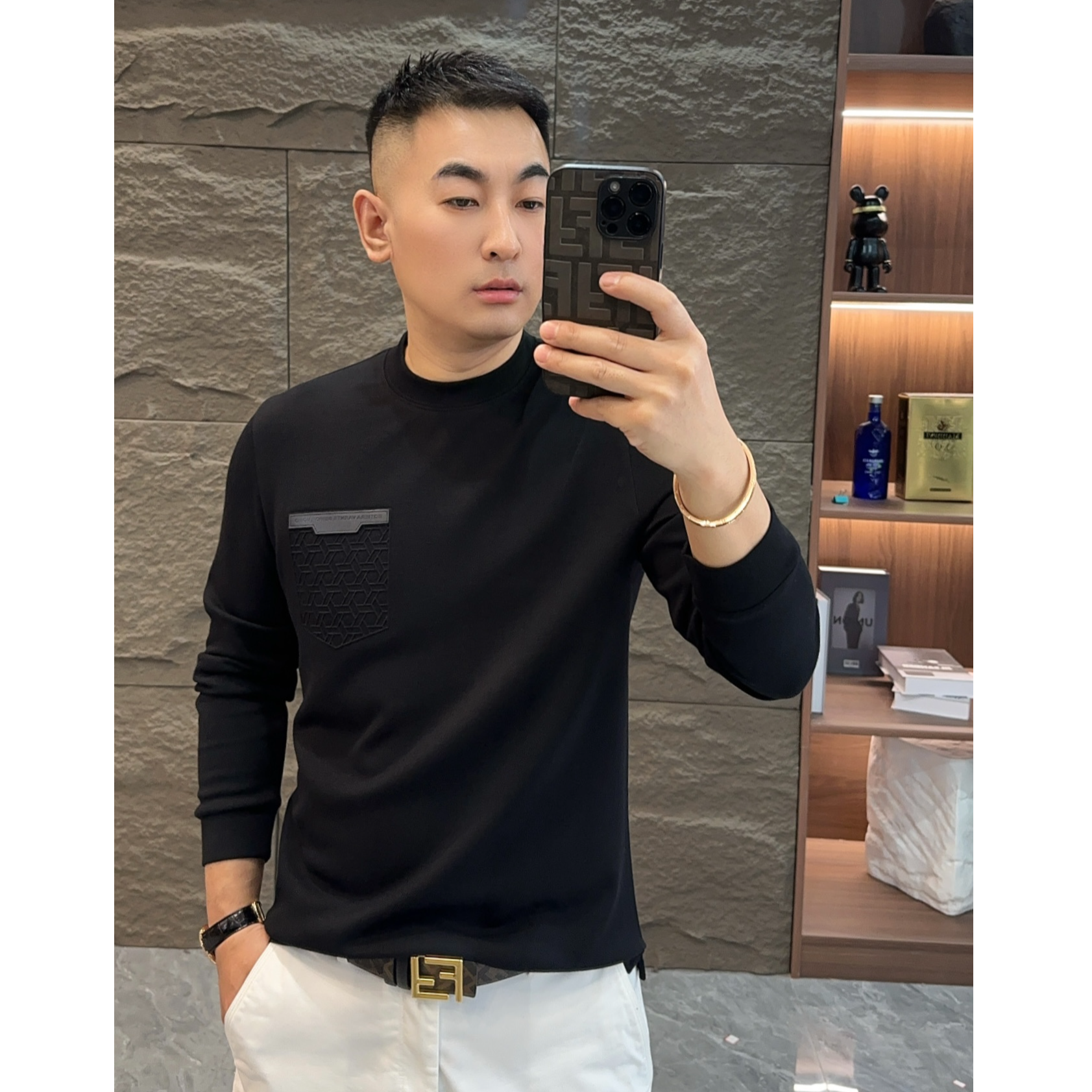 GCONE男士秋冬时尚高品质轻奢圆领领长袖T恤打底衫休闲简约纯色