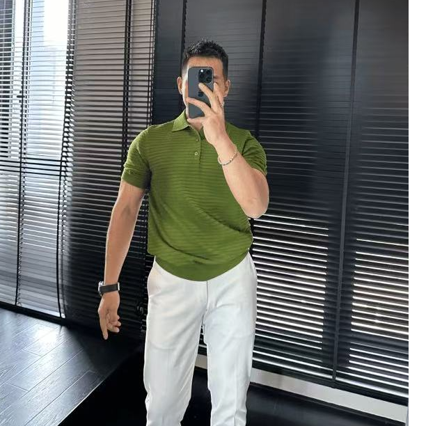 肌理感横条纹冰感针织衫男士夏季商务轻奢英伦雅痞透气短袖polo衫