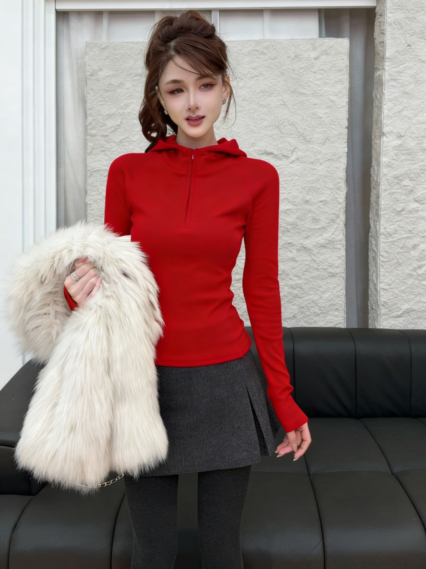 加厚美式红色半拉链连帽衫女秋冬独特洋气修身长袖打底衫内搭上衣