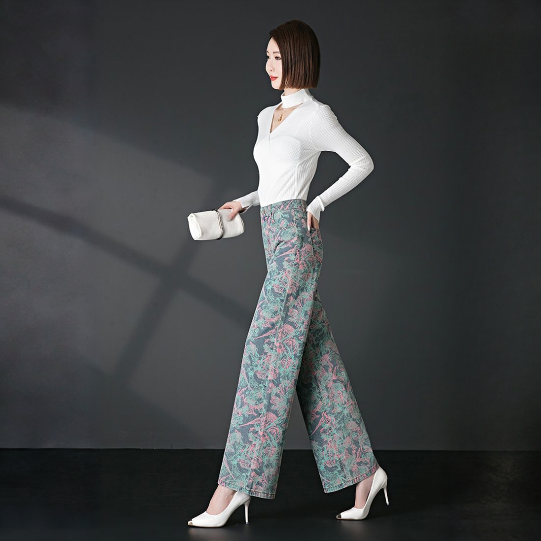 时尚印花2025春秋新款高腰宽松显瘦长裤中年妈妈裤子阔腿牛仔裤女