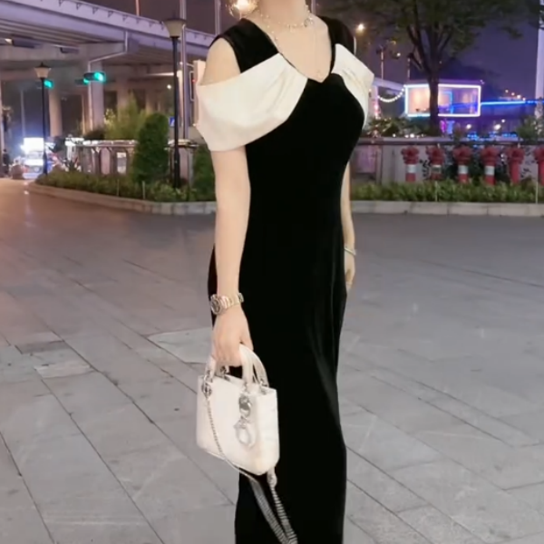 2025夏季V领连衣裙开叉礼服长款法式性感显瘦长裙修身百搭连衣裙