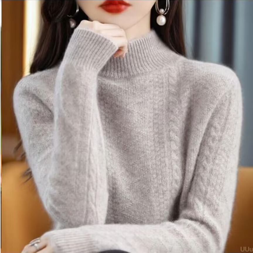 【加厚保暖】羊毛衫女加厚宽松半高领秋冬毛衣纯色提花内搭打底衫