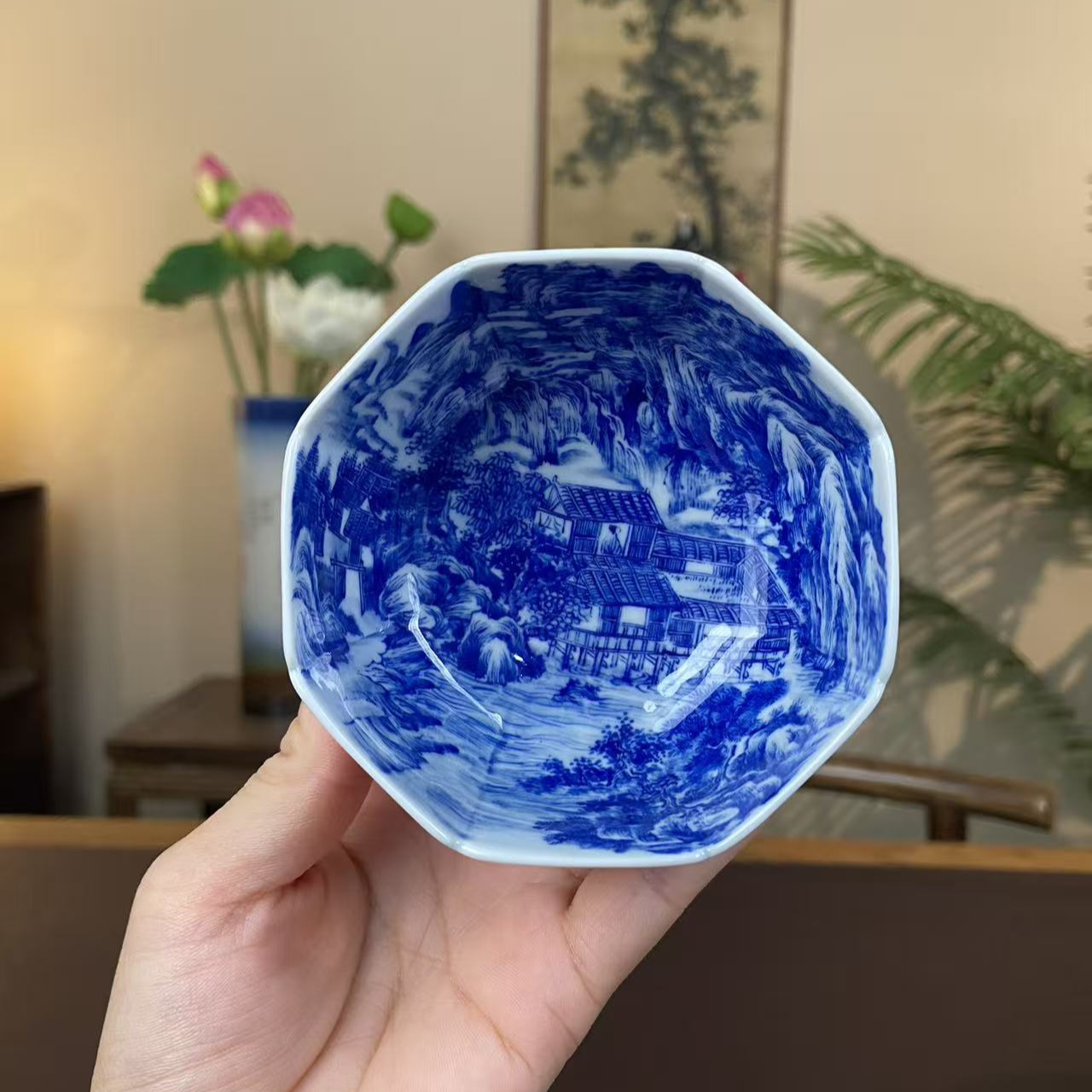 【九茗珍藏】怀庆国画满绘山水清夏图八方杯景德镇手工手绘茶器茶具