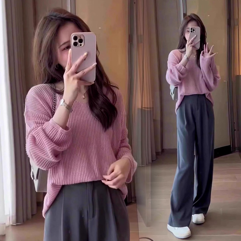 小个子高级感慵懒风显高套装网红爆款粉色毛衣裤子韩版两件套秋装