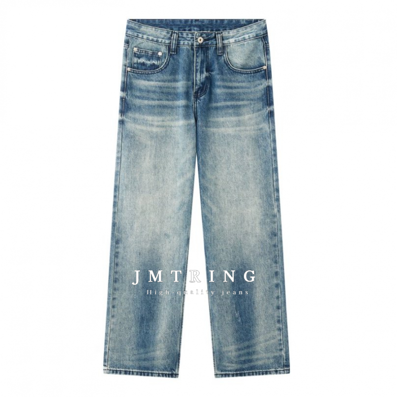 15.1oz莱赛尔重洗水复古宝石蓝宽松直筒牛仔裤男款美式秋季新款潮